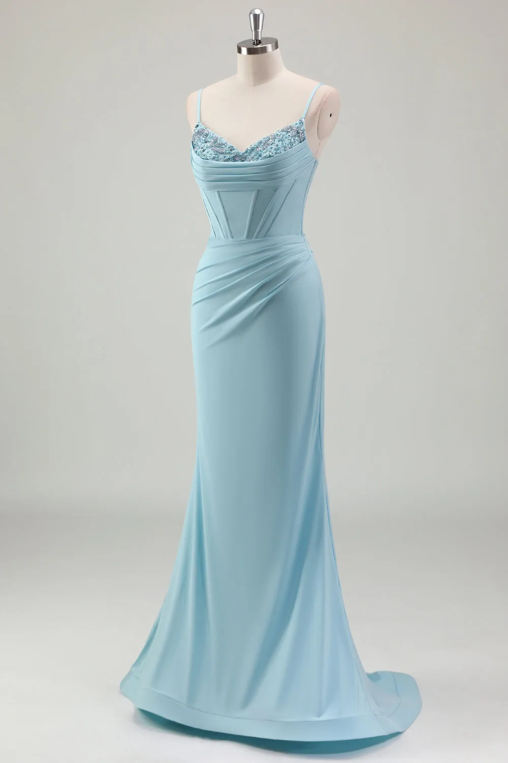 Blue Mermaid Spaghetti Straps Satin Long Corset Prom Dress with Beading sold by Zapaka product image thumbnail 3