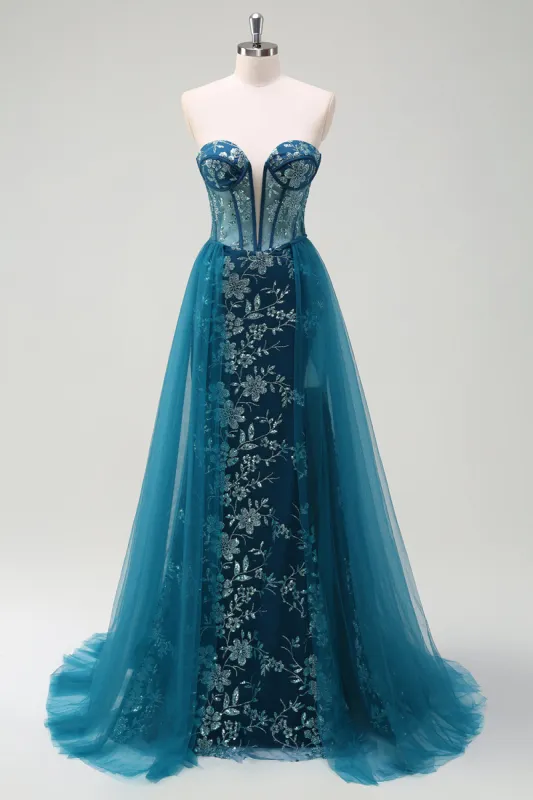 Sparkly Peacock Blue Mermaid Strapless Corset Long Prom Dress with Slit sold by Zapaka