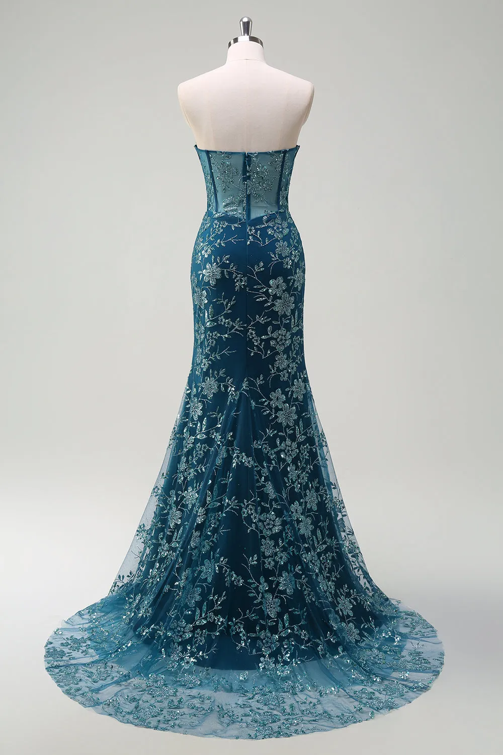 Sparkly Peacock Blue Mermaid Strapless Corset Long Prom Dress with Slit sold by Zapaka product image thumbnail 5