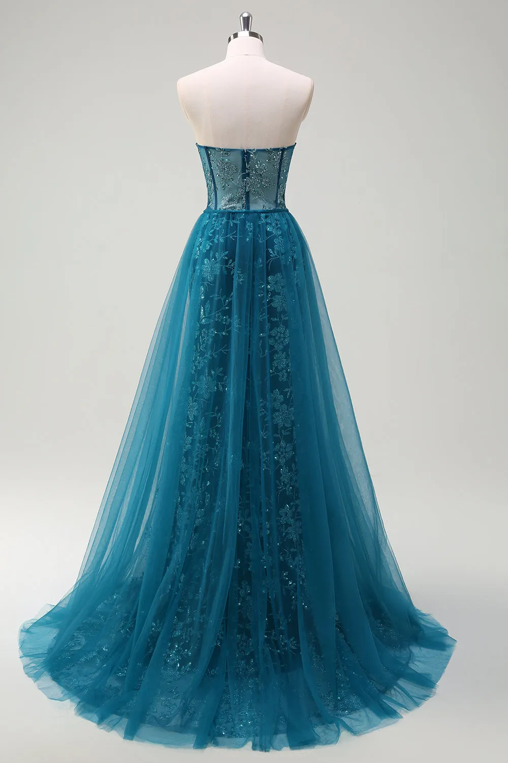 Sparkly Peacock Blue Mermaid Strapless Corset Long Prom Dress with Slit sold by Zapaka product image thumbnail 2