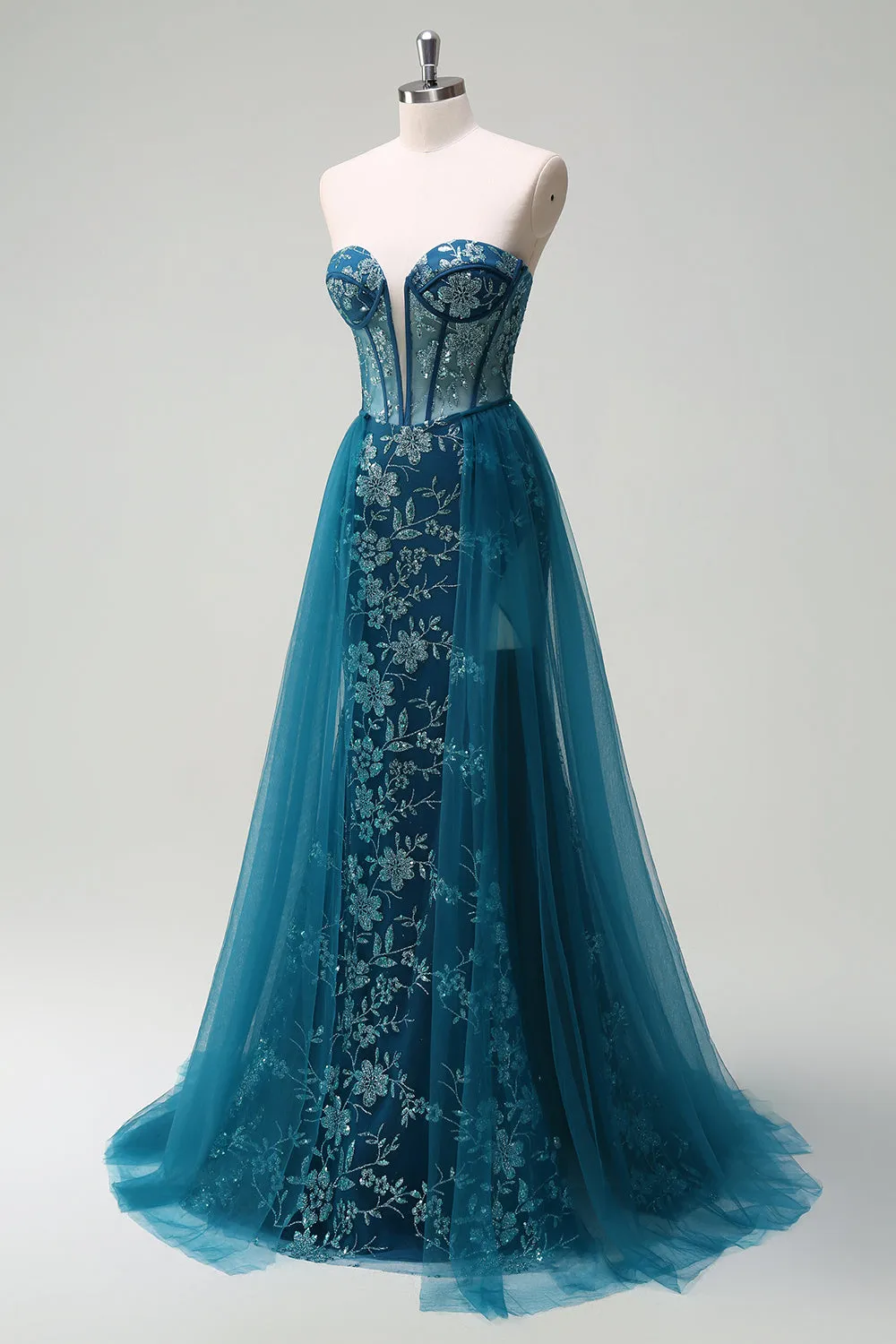 Sparkly Peacock Blue Mermaid Strapless Corset Long Prom Dress with Slit sold by Zapaka product image thumbnail 3