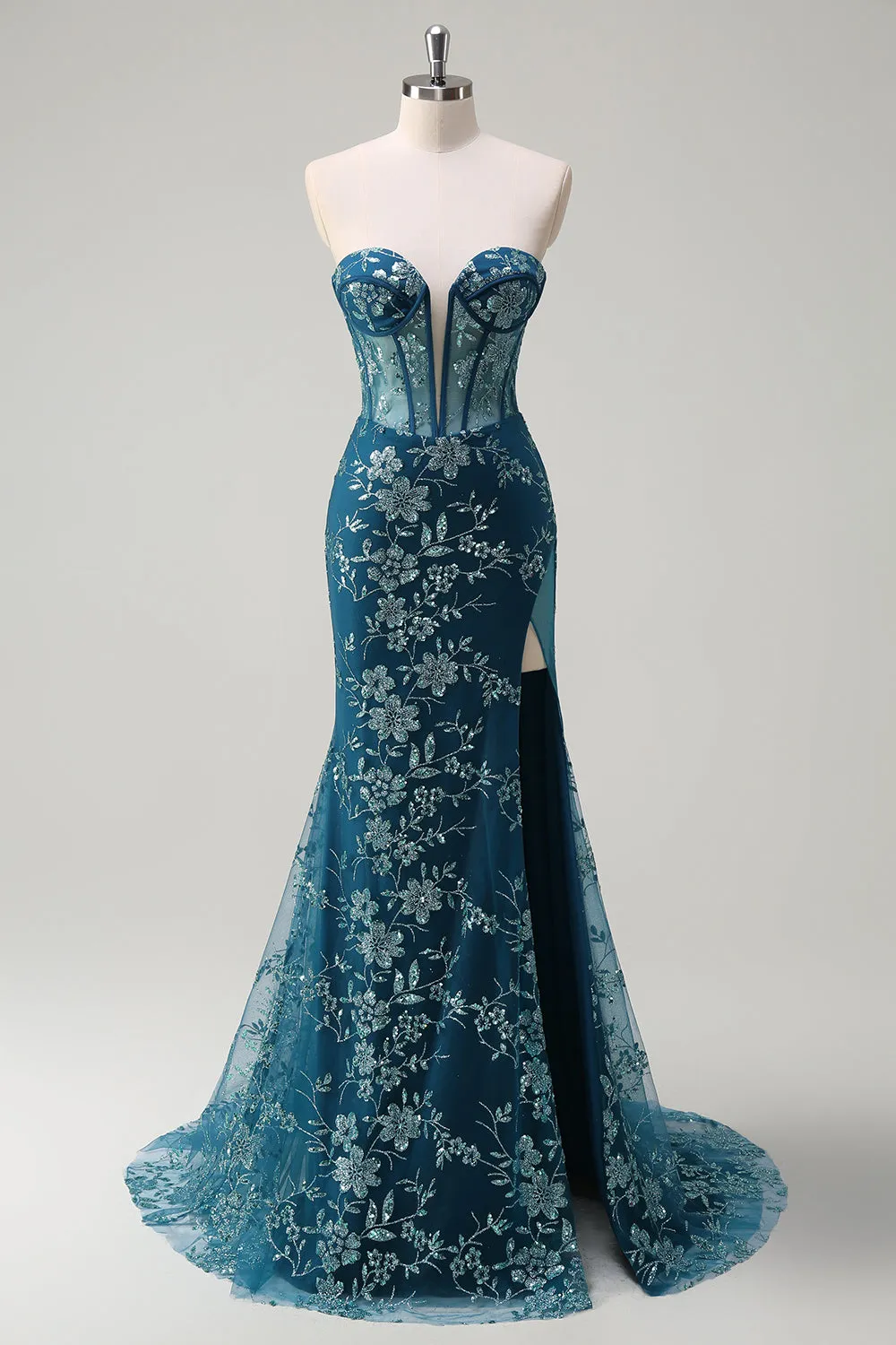 Sparkly Peacock Blue Mermaid Strapless Corset Long Prom Dress with Slit sold by Zapaka product image thumbnail 4