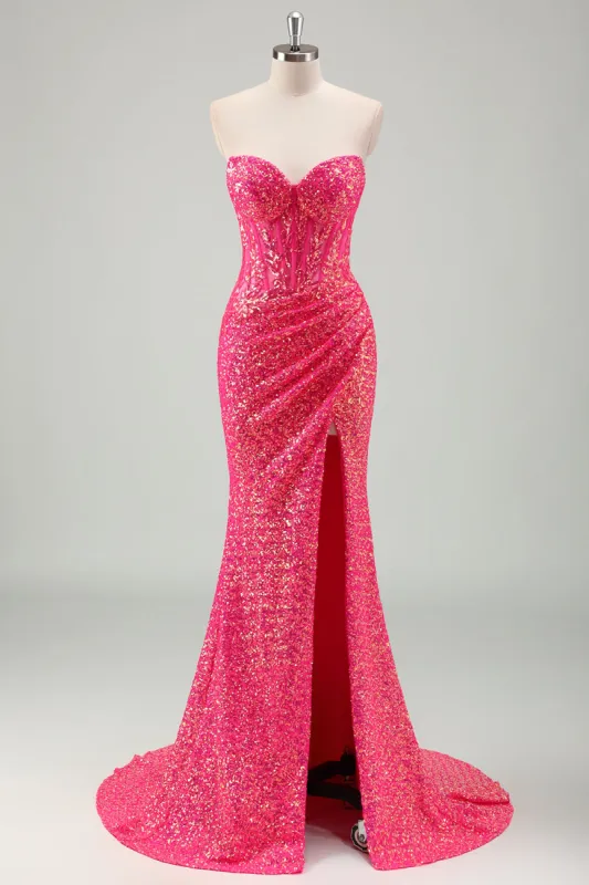 Sparkly Fuchsia Mermaid Strapless Corset Sequins Long Prom Dress with Slit sold by Zapaka