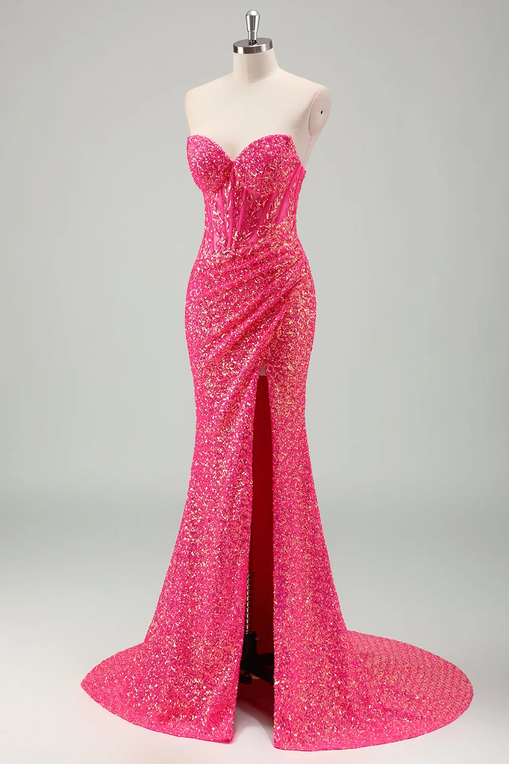 Sparkly Fuchsia Mermaid Strapless Corset Sequins Long Prom Dress with Slit sold by Zapaka product image thumbnail 3