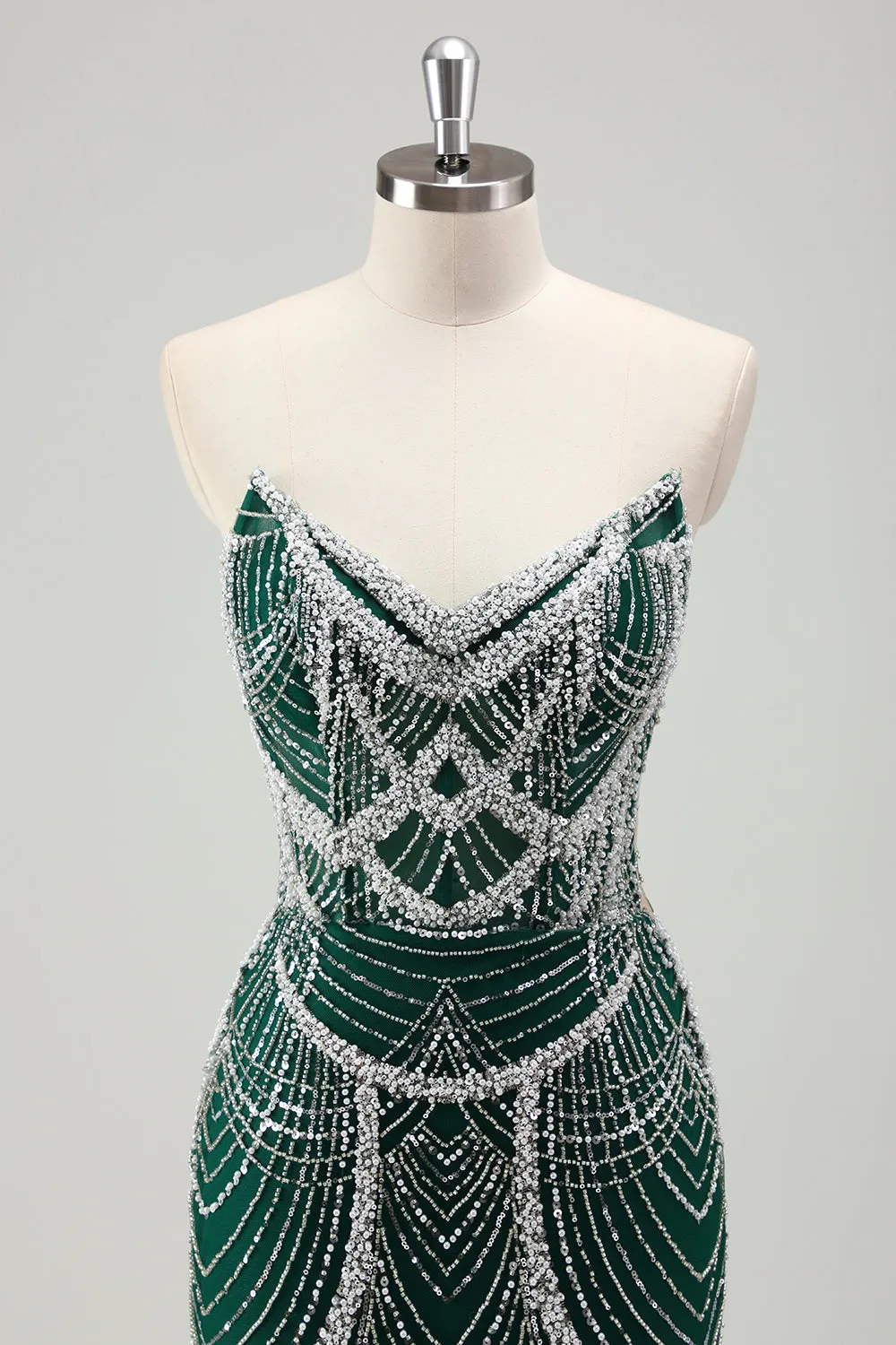 Glitter Dark Green Mermaid Strapless Sequins Long Corset Prom Dress with Beading sold by Zapaka product image thumbnail 4