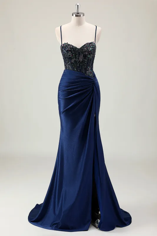 Dark Navy Mermaid Sparkly Sequins Spaghetti Straps Prom Dress with Slit sold by Zapaka