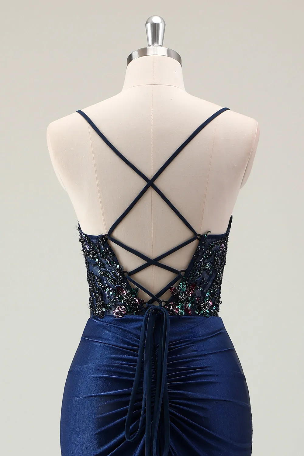 Dark Navy Mermaid Sparkly Sequins Spaghetti Straps Prom Dress with Slit sold by Zapaka product image thumbnail 5