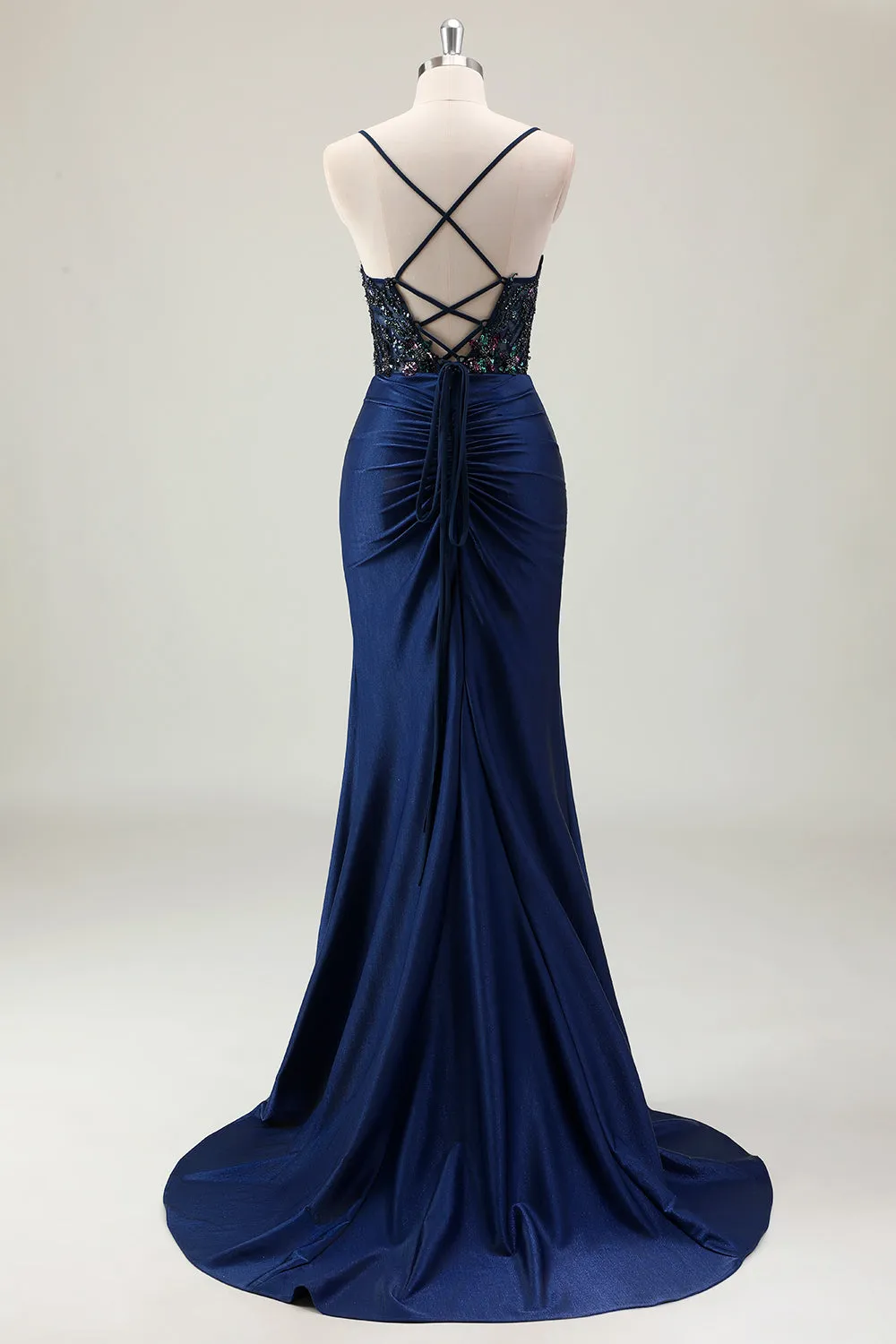 Dark Navy Mermaid Sparkly Sequins Spaghetti Straps Prom Dress with Slit sold by Zapaka product image thumbnail 2