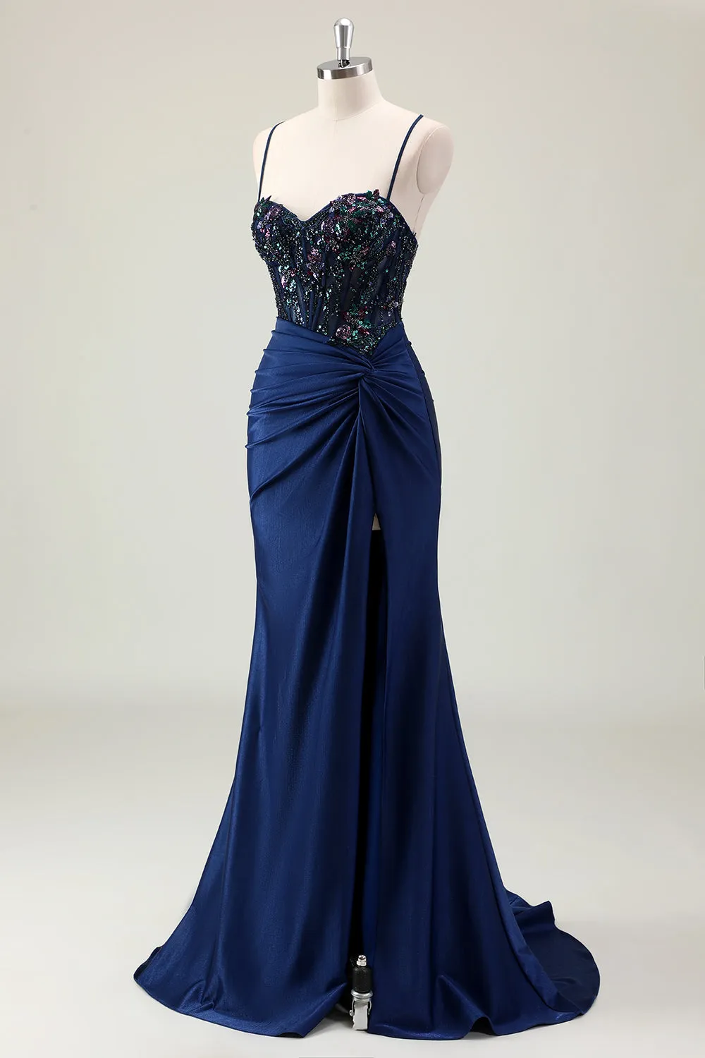 Dark Navy Mermaid Sparkly Sequins Spaghetti Straps Prom Dress with Slit sold by Zapaka product image thumbnail 3