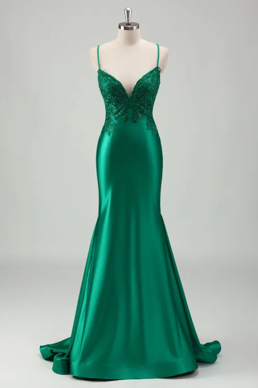 Sparkly Green Mermaid Spaghetti Straps Satin Long Prom Dress with Appliques sold by Zapaka