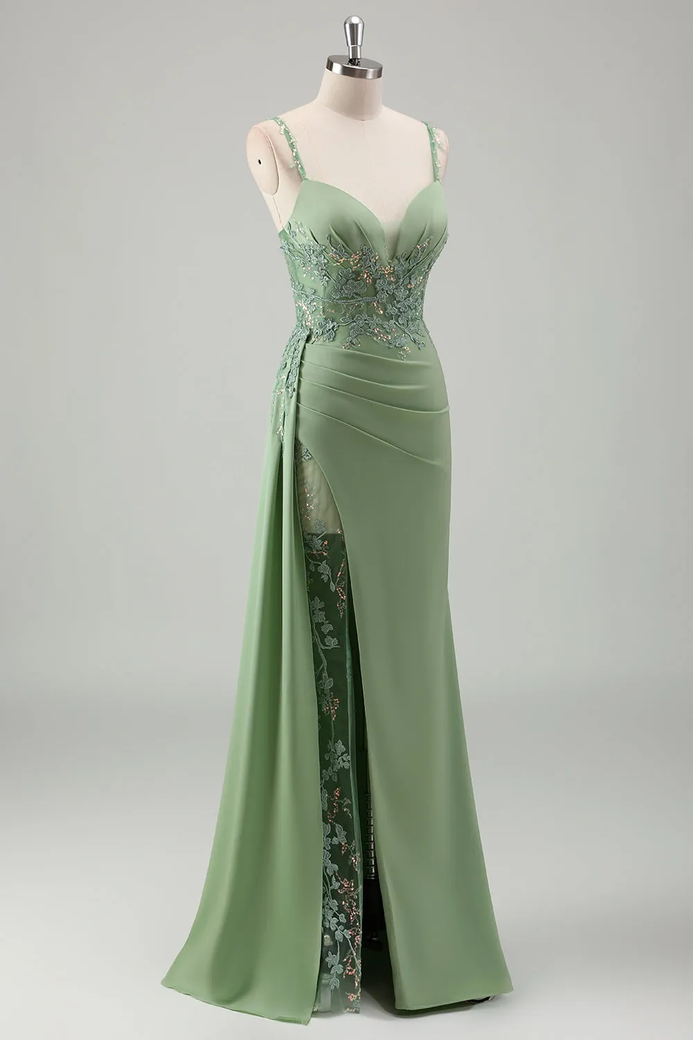 Sparkly Light Green Mermaid Spaghetti Straps Appliques Long Prom Dress with Slit sold by Zapaka product image thumbnail 3
