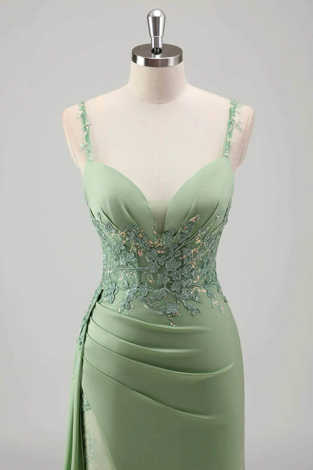 Sparkly Light Green Mermaid Spaghetti Straps Appliques Long Prom Dress with Slit sold by Zapaka product image thumbnail 4