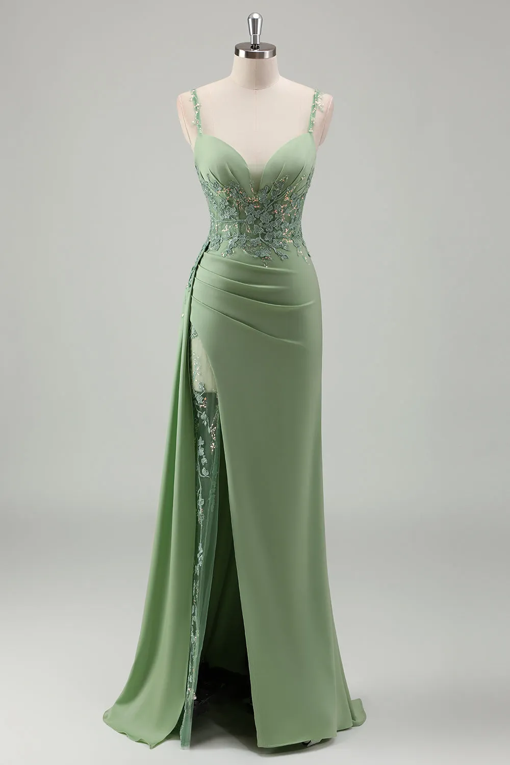 Sparkly Light Green Mermaid Spaghetti Straps Appliques Long Prom Dress with Slit sold by Zapaka