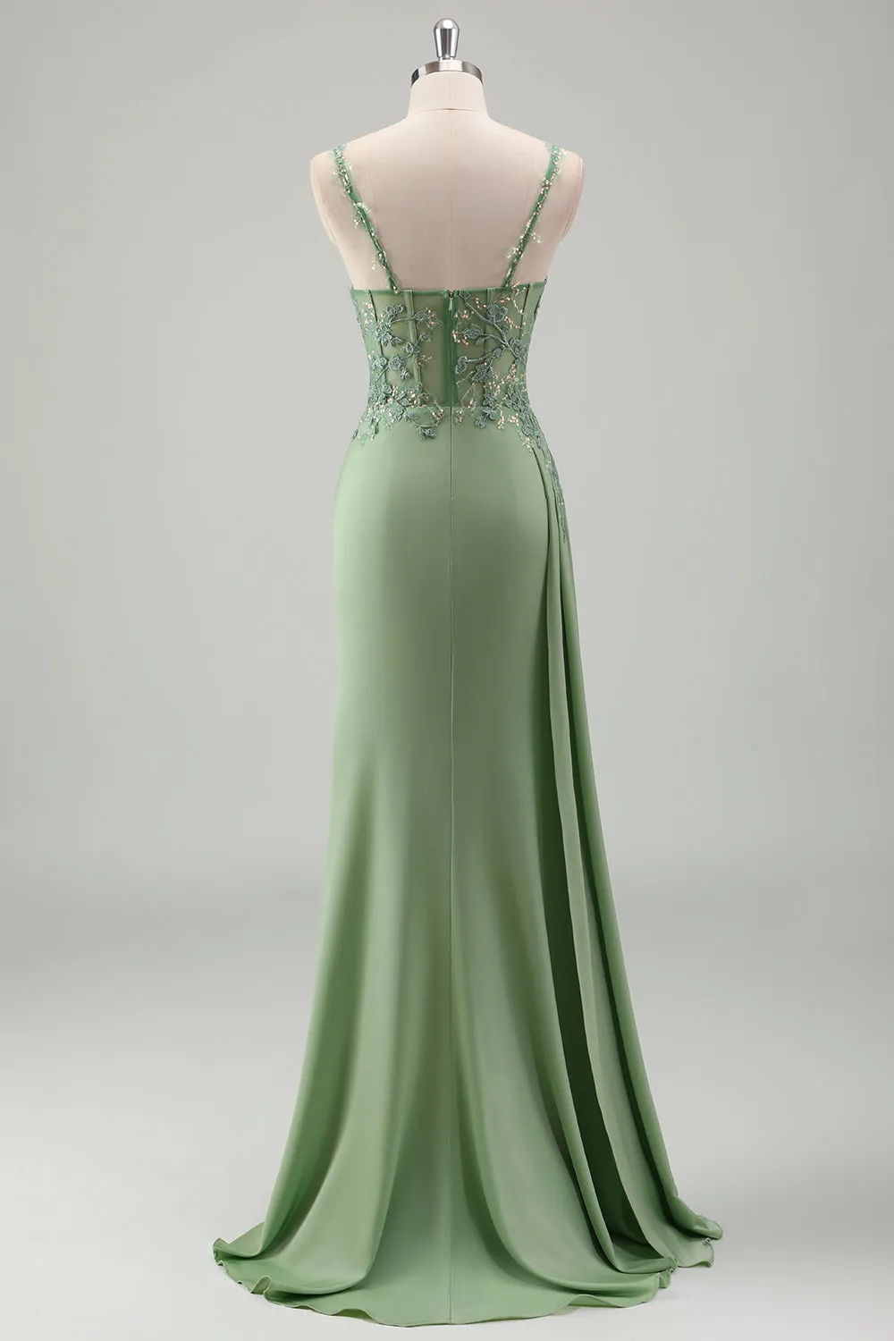 Sparkly Light Green Mermaid Spaghetti Straps Appliques Long Prom Dress with Slit sold by Zapaka product image thumbnail 2