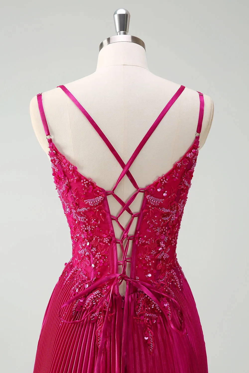 Fuchsia Sheath Spaghetti Straps Pleated Long Corset Prom Dress with Appliques sold by Zapaka product image thumbnail 5