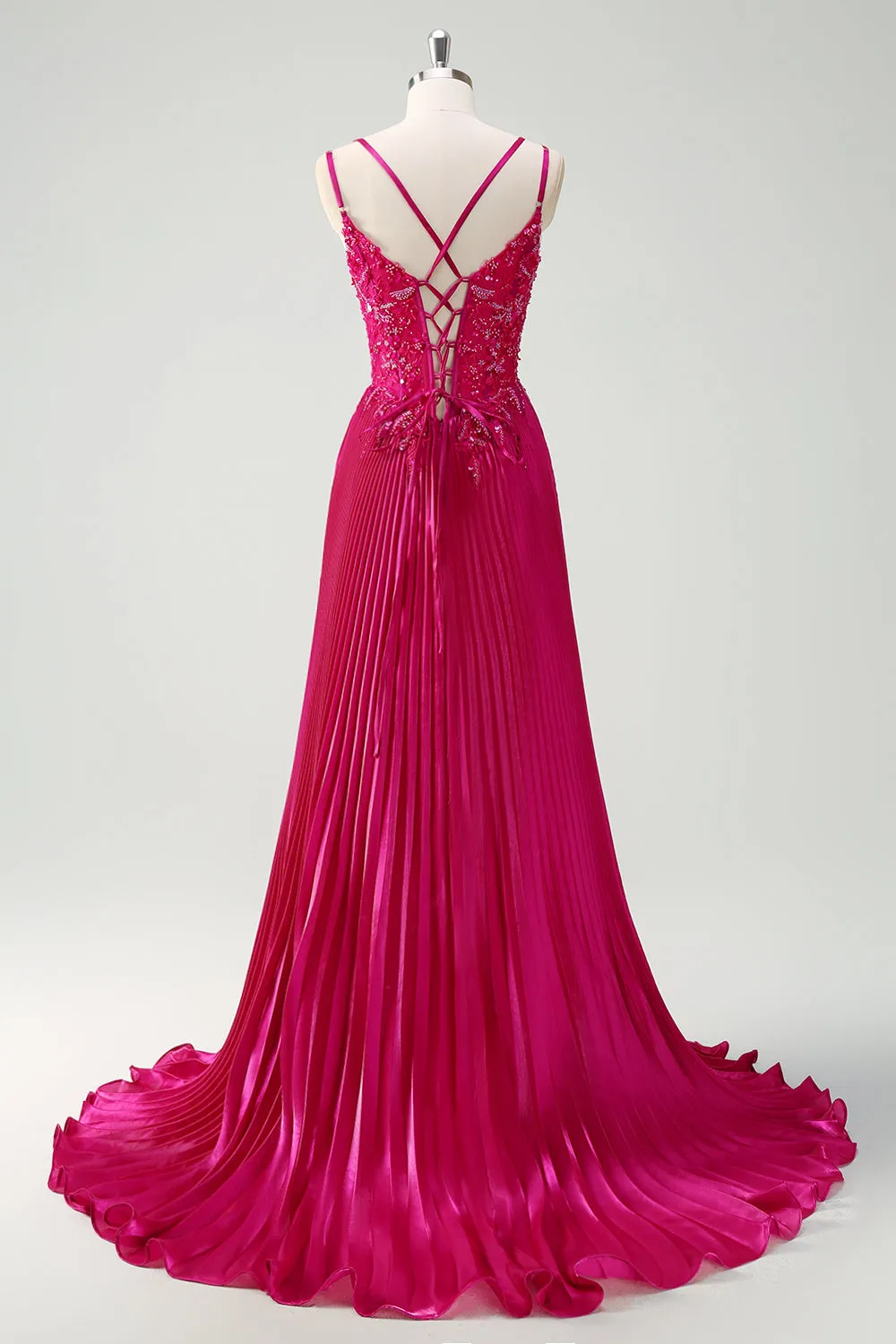 Fuchsia Sheath Spaghetti Straps Pleated Long Corset Prom Dress with Appliques sold by Zapaka product image thumbnail 2