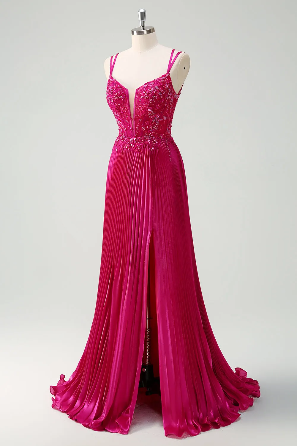 Fuchsia Sheath Spaghetti Straps Pleated Long Corset Prom Dress with Appliques sold by Zapaka product image thumbnail 3