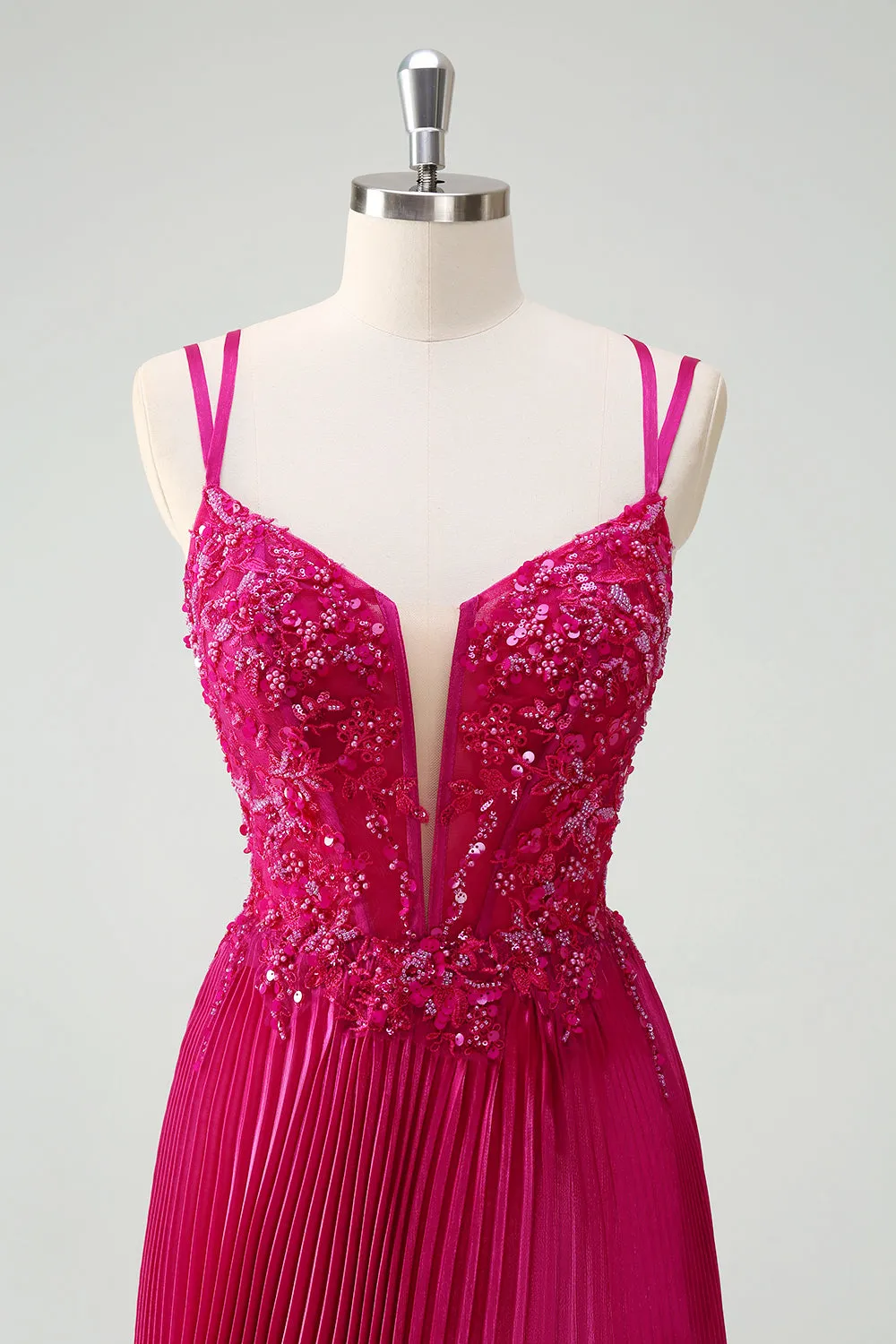 Fuchsia Sheath Spaghetti Straps Pleated Long Corset Prom Dress with Appliques sold by Zapaka product image thumbnail 4