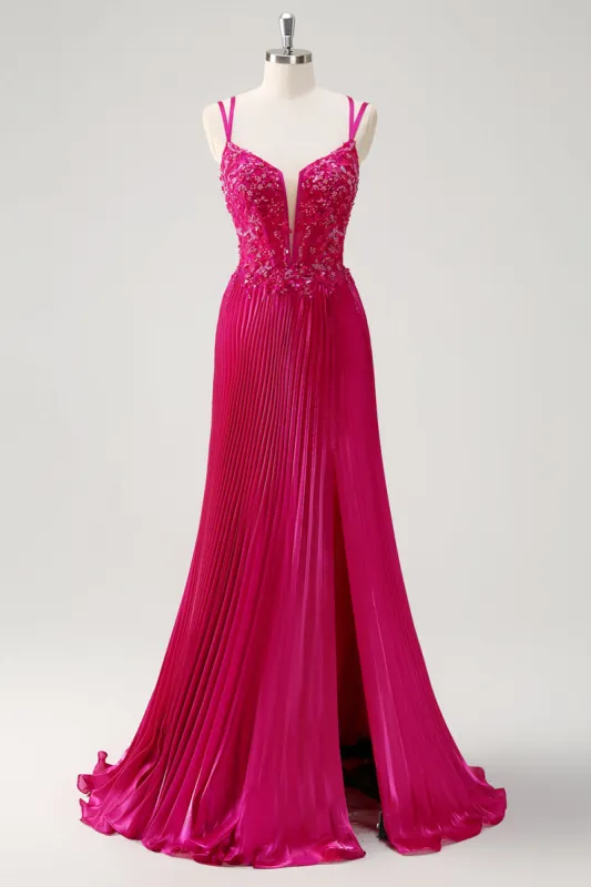 Fuchsia Sheath Spaghetti Straps Pleated Long Corset Prom Dress with Appliques sold by Zapaka