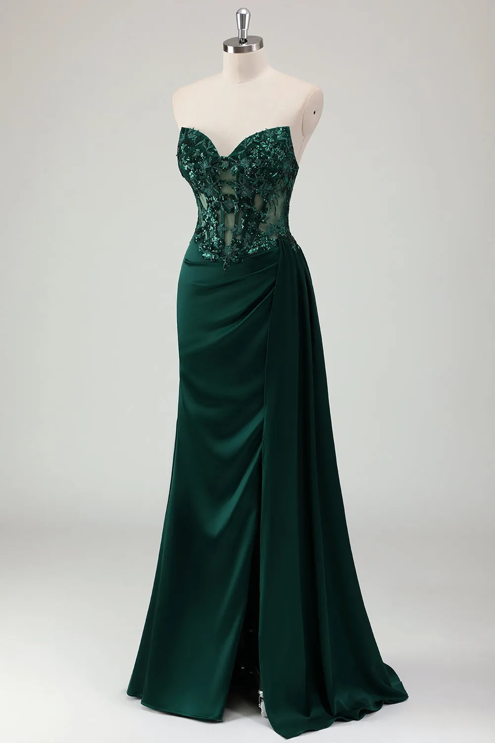 Sparkly Dark Green Mermaid Sweetheart Corset Long Prom Dress with Slit sold by Zapaka product image thumbnail 3