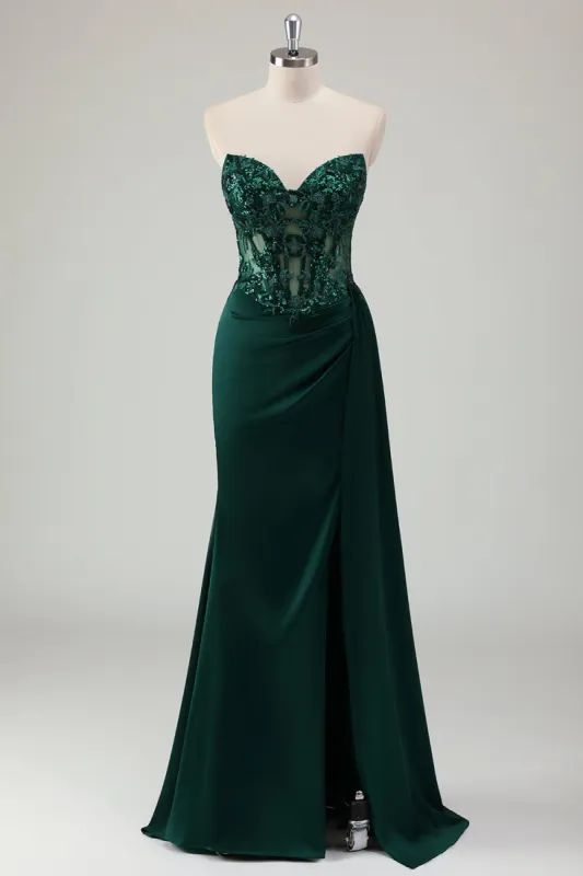 Sparkly Dark Green Mermaid Sweetheart Corset Long Prom Dress with Slit sold by Zapaka