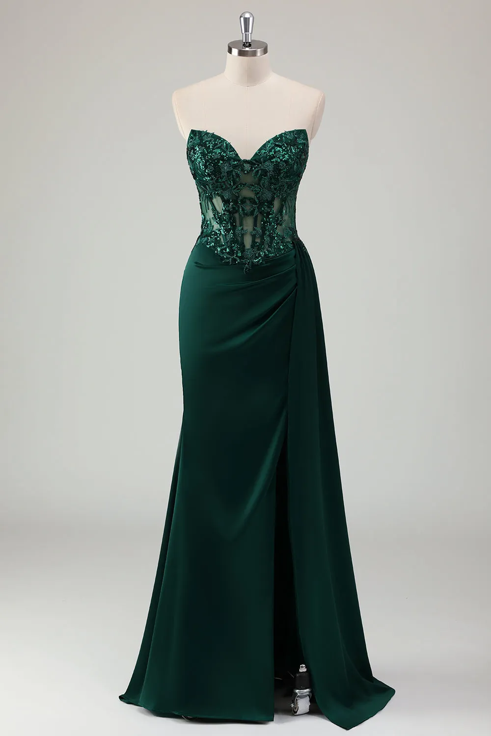 Sparkly Dark Green Mermaid Sweetheart Corset Long Prom Dress with Slit sold by Zapaka