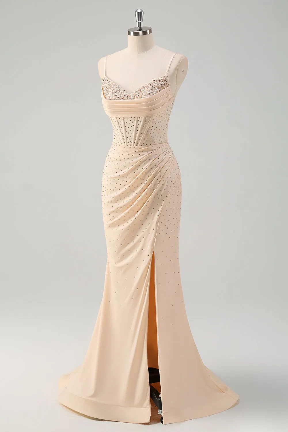 Glitter Yellow Mermaid Spaghetti Straps Beaded Long Corset Prom Dress with Slit sold by Zapaka product image thumbnail 3