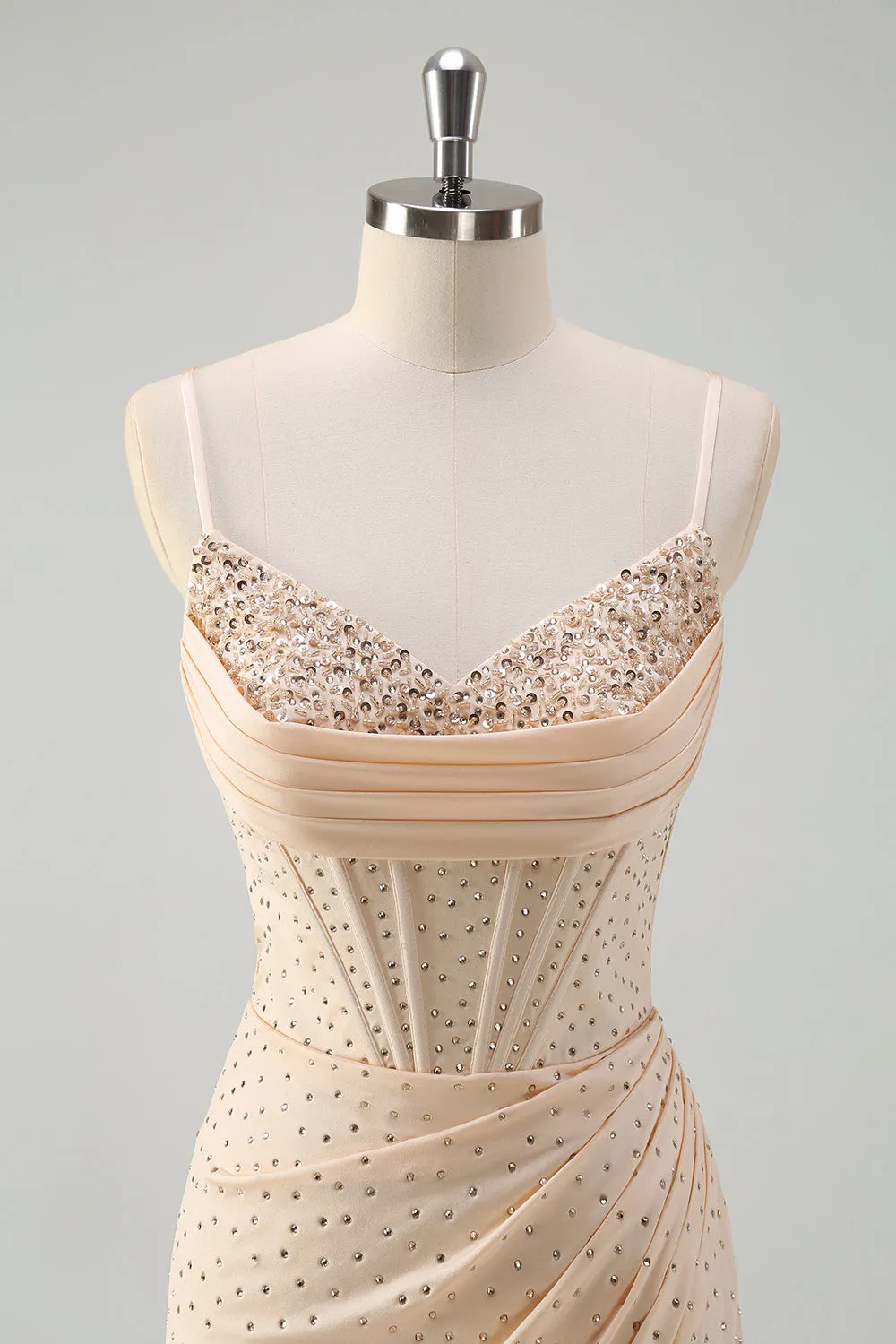Glitter Yellow Mermaid Spaghetti Straps Beaded Long Corset Prom Dress with Slit sold by Zapaka product image thumbnail 4