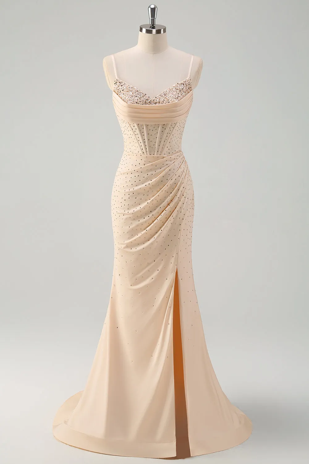 Glitter Yellow Mermaid Spaghetti Straps Beaded Long Corset Prom Dress with Slit sold by Zapaka