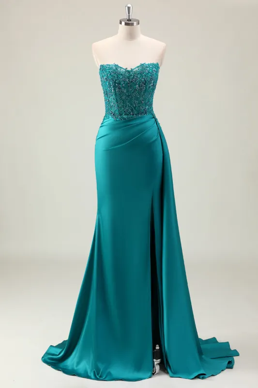 Green Sheath Sweetheart Corset Beaded Long Prom Dress with Appliqued Lace sold by Zapaka