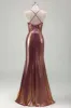 Metallic Gold Mermaid Spaghetti Straps Ruched Long Prom Dress with Slit sold by Zapaka
