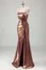 Metallic Gold Mermaid Spaghetti Straps Ruched Long Prom Dress with Slit sold by Zapaka