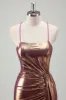 Metallic Gold Mermaid Spaghetti Straps Ruched Long Prom Dress with Slit sold by Zapaka