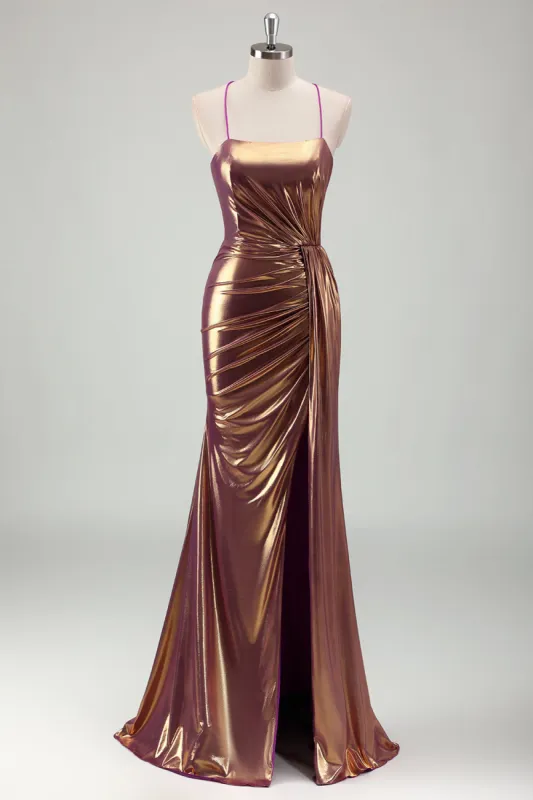 Metallic Gold Mermaid Spaghetti Straps Ruched Long Prom Dress with Slit sold by Zapaka