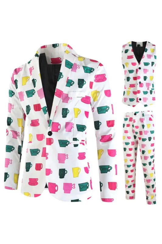 White Colorful Mug Christmas Print Men's Party Suits sold by Zapaka
