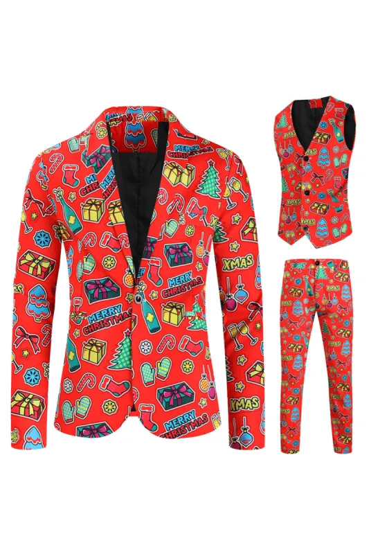 Red Notched Lapel Christmas Printed 3 Pieces Men's Suits sold by Zapaka