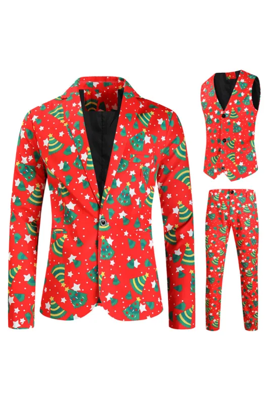 Red Christmas Green Tree Printed 3 Pieces Men's Festival Suits sold by Zapaka