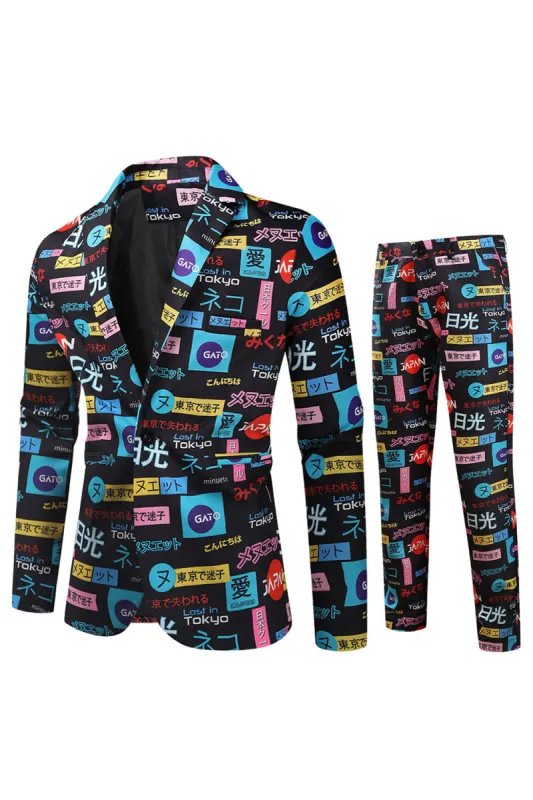 Black Text Printed Notched Lapel Men's Party Suits sold by Zapaka