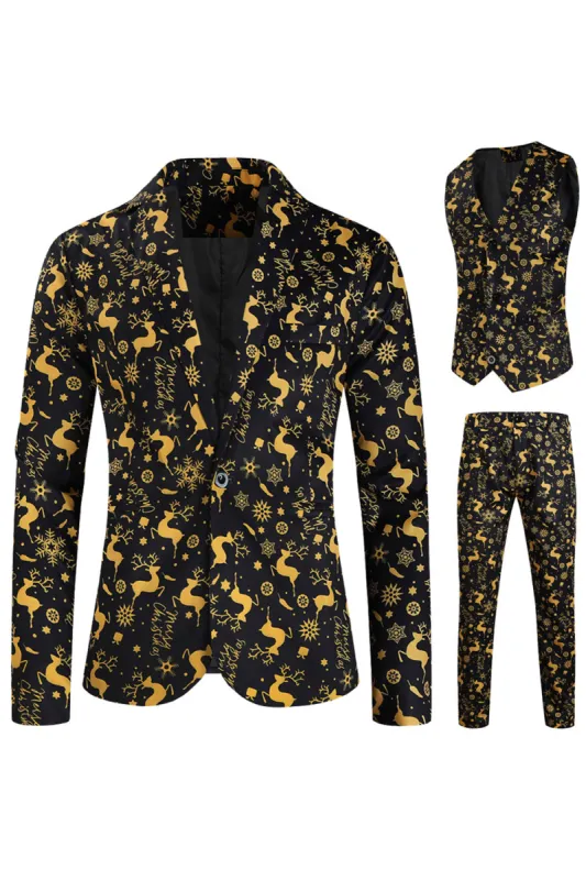 Black 3-Pieces Yellow Elk Printed Men's Christmas Suits sold by Zapaka