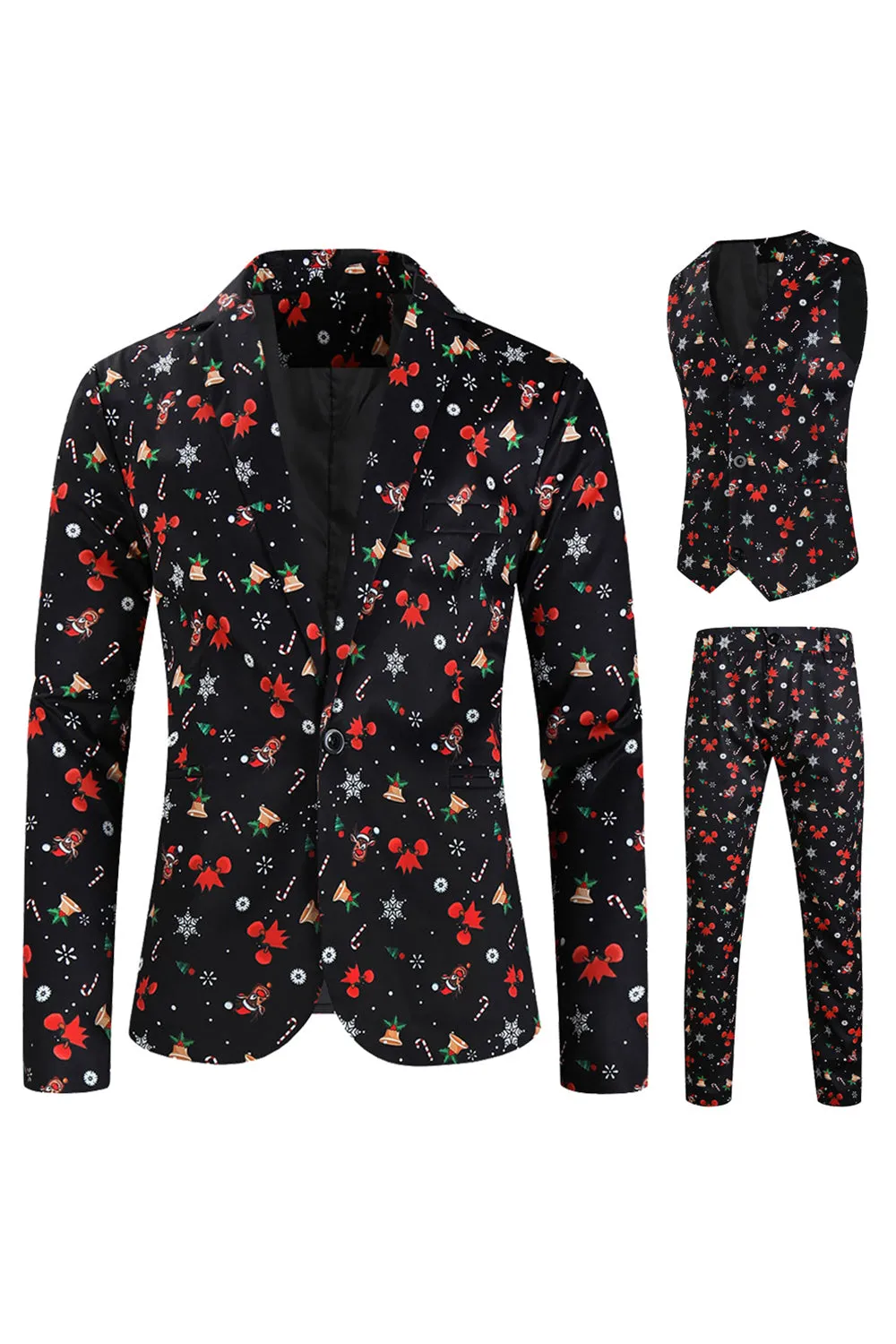 Black Christmas Printed 3 Pieces Notched Lapel Men's Festival Suits sold by Zapaka