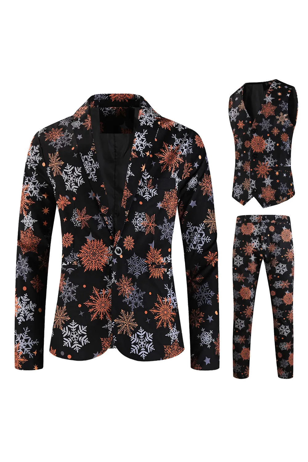 Black Snowflake Printed 3 Pieces Men's Christmas Suit sold by Zapaka