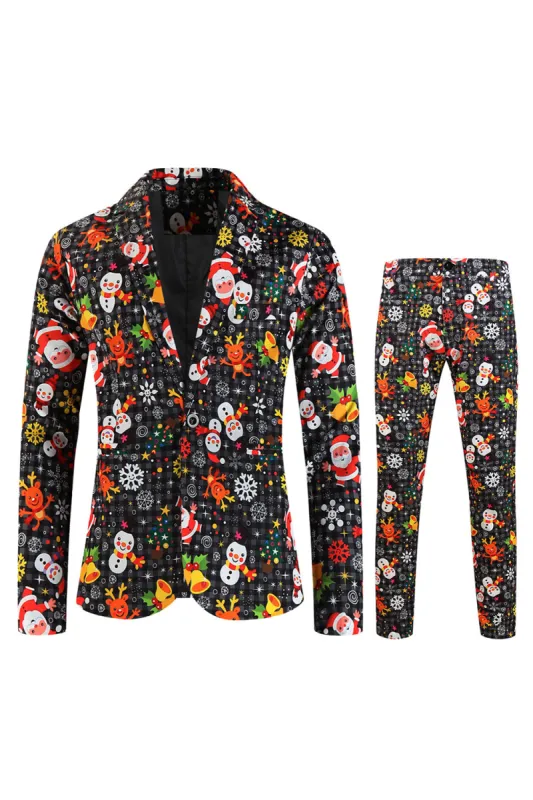 Black Notched Lapel Snowmen Printed Christmas Slim Fitted Men Suits sold by Zapaka