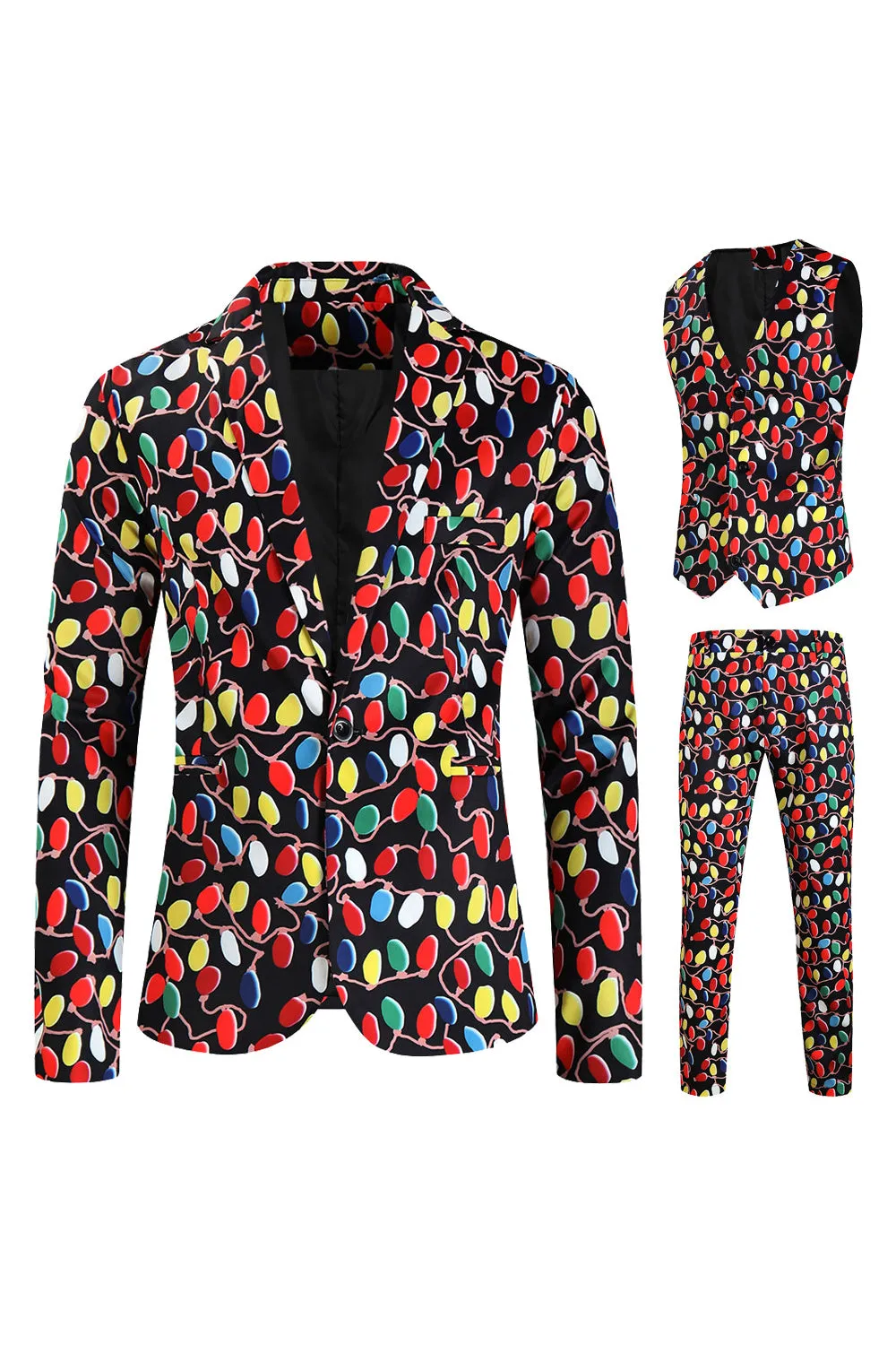 Black Notched Lapel Colorful Printed Christmas 3 Pieces Men's Suits sold by Zapaka