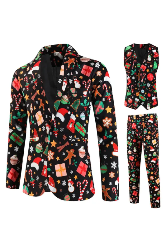 Black Christmas Printed Notched Lapel 3 Pieces Men's Suits sold by Zapaka