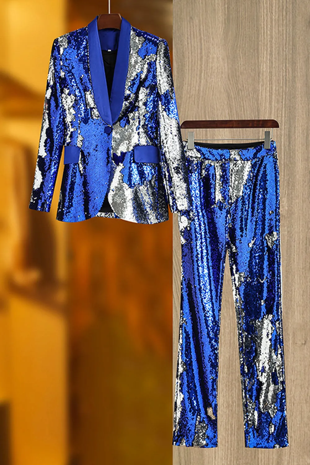 Sparkly Royal Blue Shawl Lapel Women's Party Suits sold by Zapaka