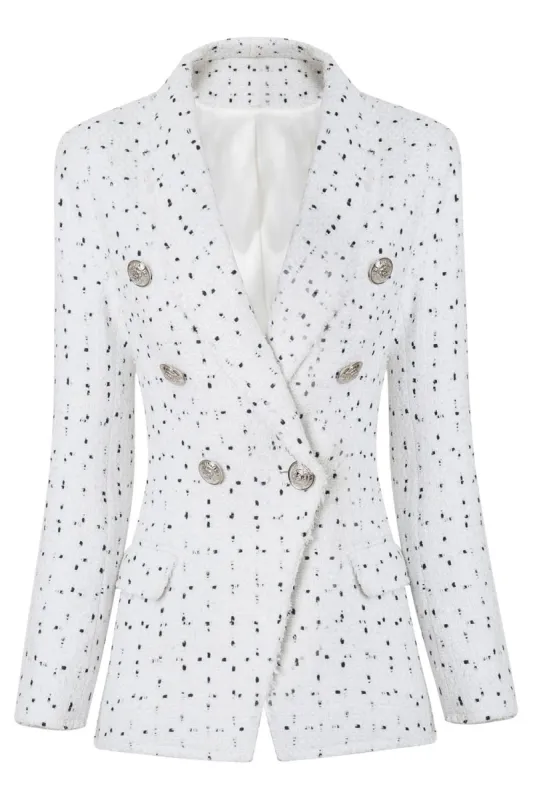 White Double Breasted Dotted Midi Women's Blazer sold by Zapaka
