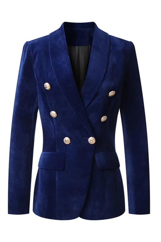 Navy Shawl Lapel Double Breasted Women's Blazer sold by Zapaka