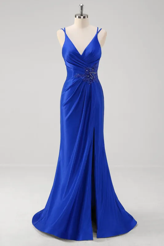 Sparkly Royal Blue Mermaid Spaghetti Straps Long Prom Dress With Slit sold by Zapaka