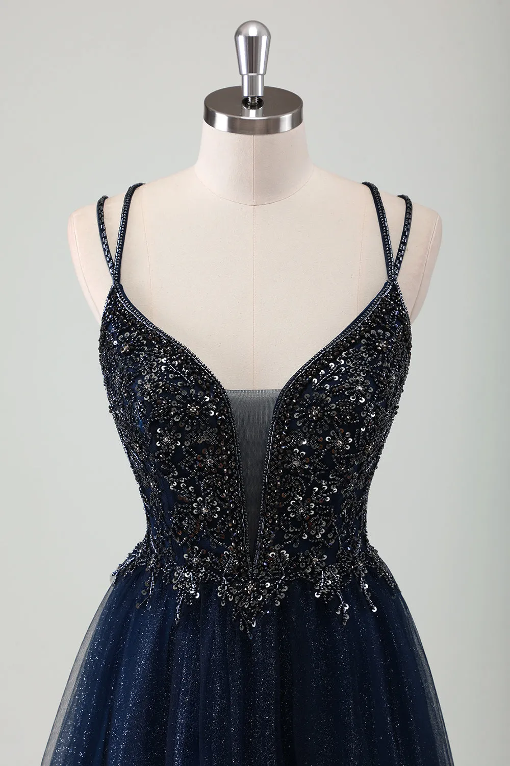 Sparkly Navy Spaghetti Straps A Line Long Prom Dress with Sequins sold by Zapaka product image thumbnail 4