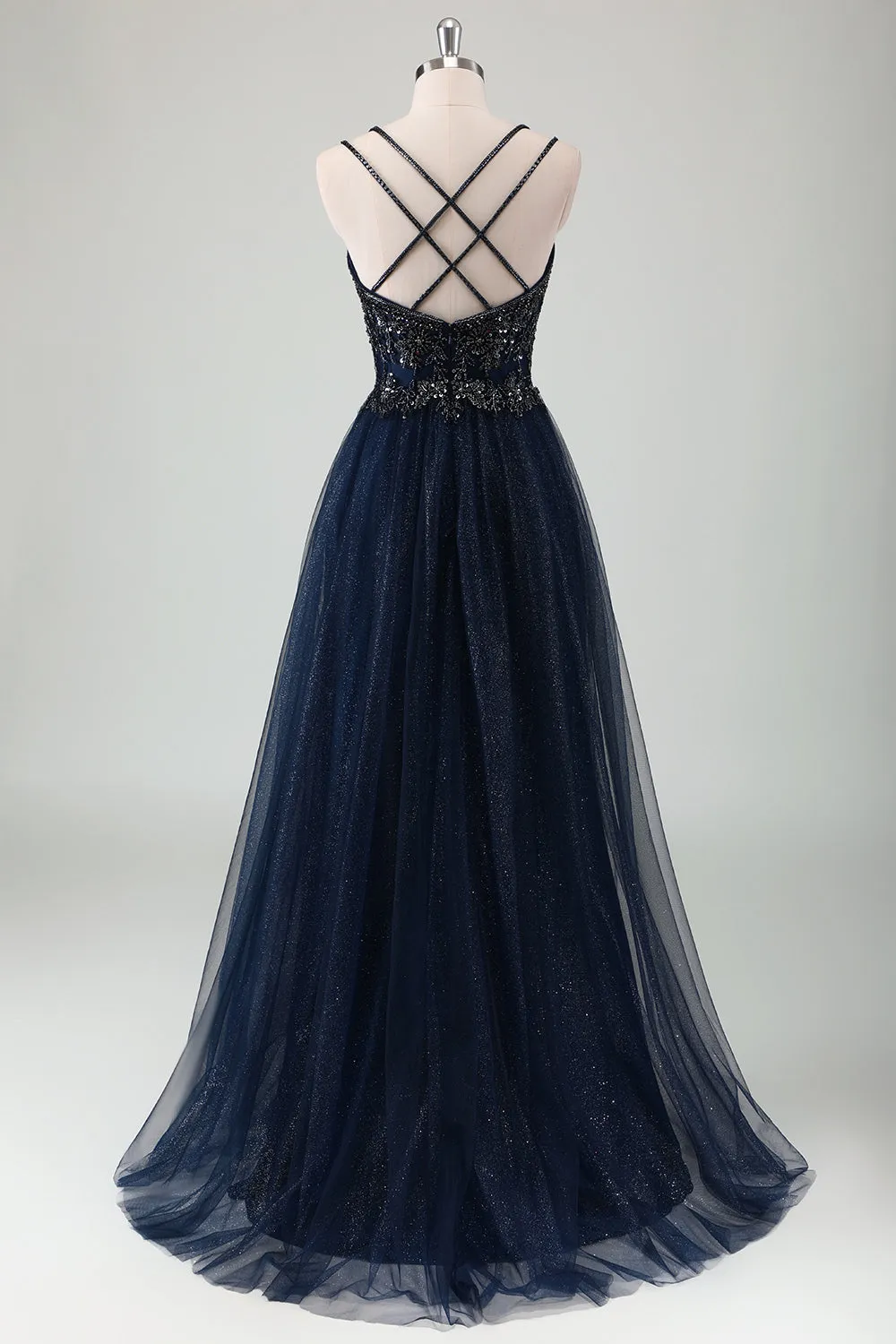 Sparkly Navy Spaghetti Straps A Line Long Prom Dress with Sequins sold by Zapaka product image thumbnail 2